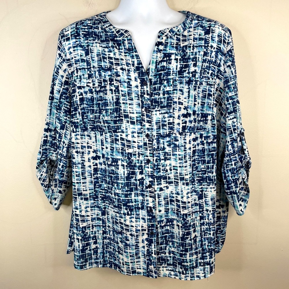 Art To Wear Popover Top 3X 24W Beachy Career Office Tunic Geometric 3/4 Sleeve